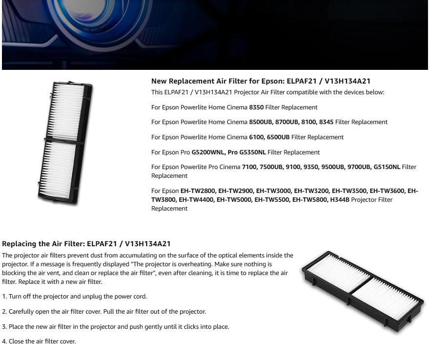 Replacement ELPAF21 Air Filter - Home Cinema Epson 评论和价格